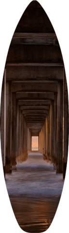 an abstract portal view printed on a surfboard down the iconic Scripps Pier in La Jolla, California taken by fine art landscape photographer Andrew Shoemaker