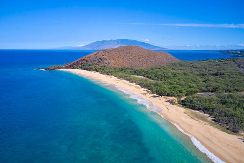 aerial angle of Big Beach at Makena State Park on the island of Maui