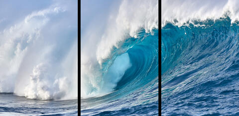 a 3 panel triptych of Andrew Shoemaker's big wave image of Jaws on Maui titled Blue Mirror.  Hawaii big wave photography by Andrew Shoemaker