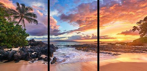 A very special panoramic view of sunset at a very special Secret Beach in Makena on the island of Maui, Hawaii.  Hawaii sunset pictures by Andrew Shoemaker
