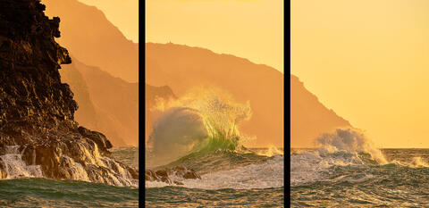 big waves collide along the Na Pali Coast of Kauai sunset.  Captured by Hawaii photographer Andrew Shoemaker