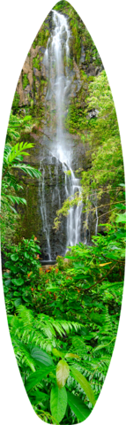 a beautiful surfboard print of the lush and green Wailua Falls on the Hawaiian island of Maui.  Fine art Hawaii photography by Andrew Shoemaker