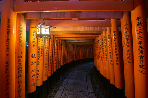 Looking down the gates of the spectacular fushimi inari shrine in Kyoto, Japan with a latern providing light before dawn