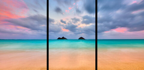 A long exposure panoramic photograph captured at the beautiful Lanikai Beach on the island of Oahu.  Pastel colors at sunset here make this photograph special