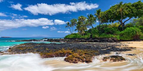 Maui tropical coastline with palm trees, turquoise Pacific Ocean, black lava rock shoreline, flowing waves, and blue skies captured as fine art landscape photog