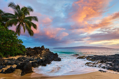 serenity is a beautiful beach sunset picture photographed at Makena Cove on the Hawaiian island of Maui by Hawaii landscape photographer Andrew Shoemaker
