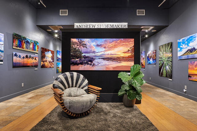 maui art gallery entrance of the Andrew Shoemaker Fine Art Photography Gallery showcasing the luxor chair by pacific green and the photograph Burning Secret