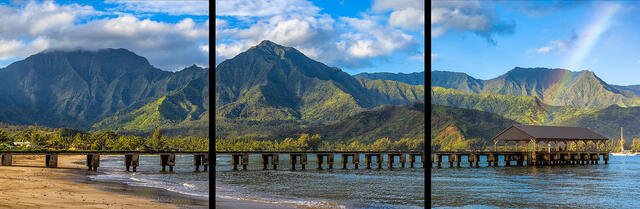 3 panel wall cluster photograph of a rainbow over the Hanalei Bay pier on the island of Kauai.  Kauai fine art landscape photography by Andrew Shoemaker 
