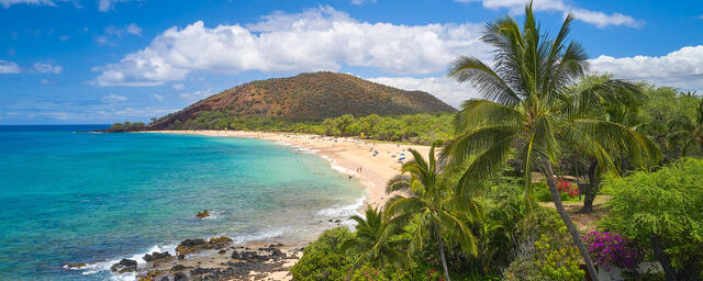 panorama of makena state park on the island of Maui with crystal clear Hawaiian water and coconut palms.  Fine art photography by Hawaii artist Andrew Shoemaker