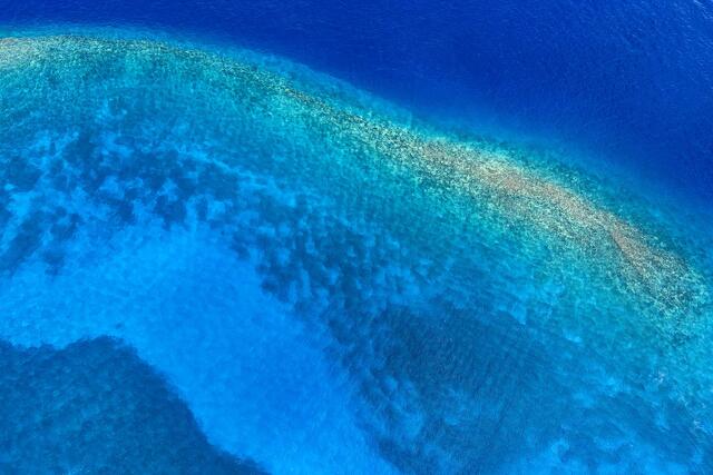 Abstract aerial view of a coral reef and deep blue ocean waters off Maui, Hawaii, blending vibrant turquoise and cobalt tones.