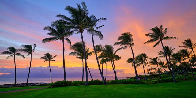 vibrant panorama sunset at the beautiful Montage Resort at Kapalua Bay on the Hawaiian island of Maui.  Hawaii sunset photography fine art by Andrew Shoemaker 