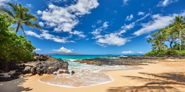 panorama of a perfect morning at Secret Beach (also known as Makena Cove) on the island of Maui, Hawaii.  Blue sky, turquoise water and palm trees 