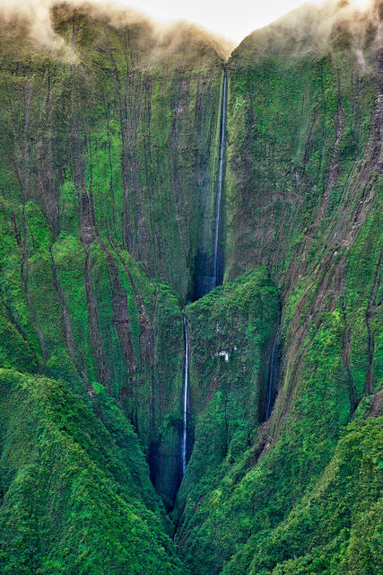 aerial view from a Helicopter of Honokohau Falls which is the tallest waterfall on the island of Maui