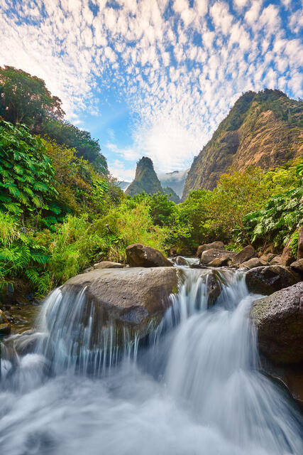 A river scene in the lush and beautiful Iao Valley on the island of Maui.  The famous Iao Needle can be seen in the distance and a long exposure of the river 