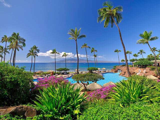 photograph at the Hyatt resort on Kaanapali Beach during the day with coconut palms, flowers, pools, waterfalls and the island of Lanai in the distance.