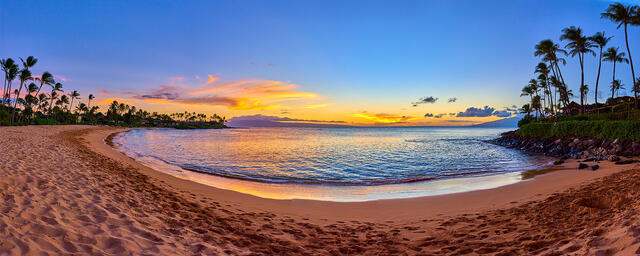 a beautiful sunset panorama of Napili Bay near Lahaina and Kaanapali on the island of Maui Hawaii.  Fine Art Hawaii Sunset picture by artist Andrew Shoemaker