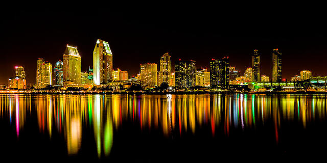 colorful long exposure photograph at night of downtown San Diego, California