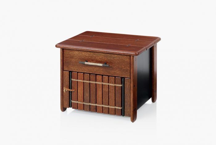 PRODUCT DESCRIPTION Palmwood unit with leather bindings. Supported by a wooden frame. Decorated with traditional grass weaving...