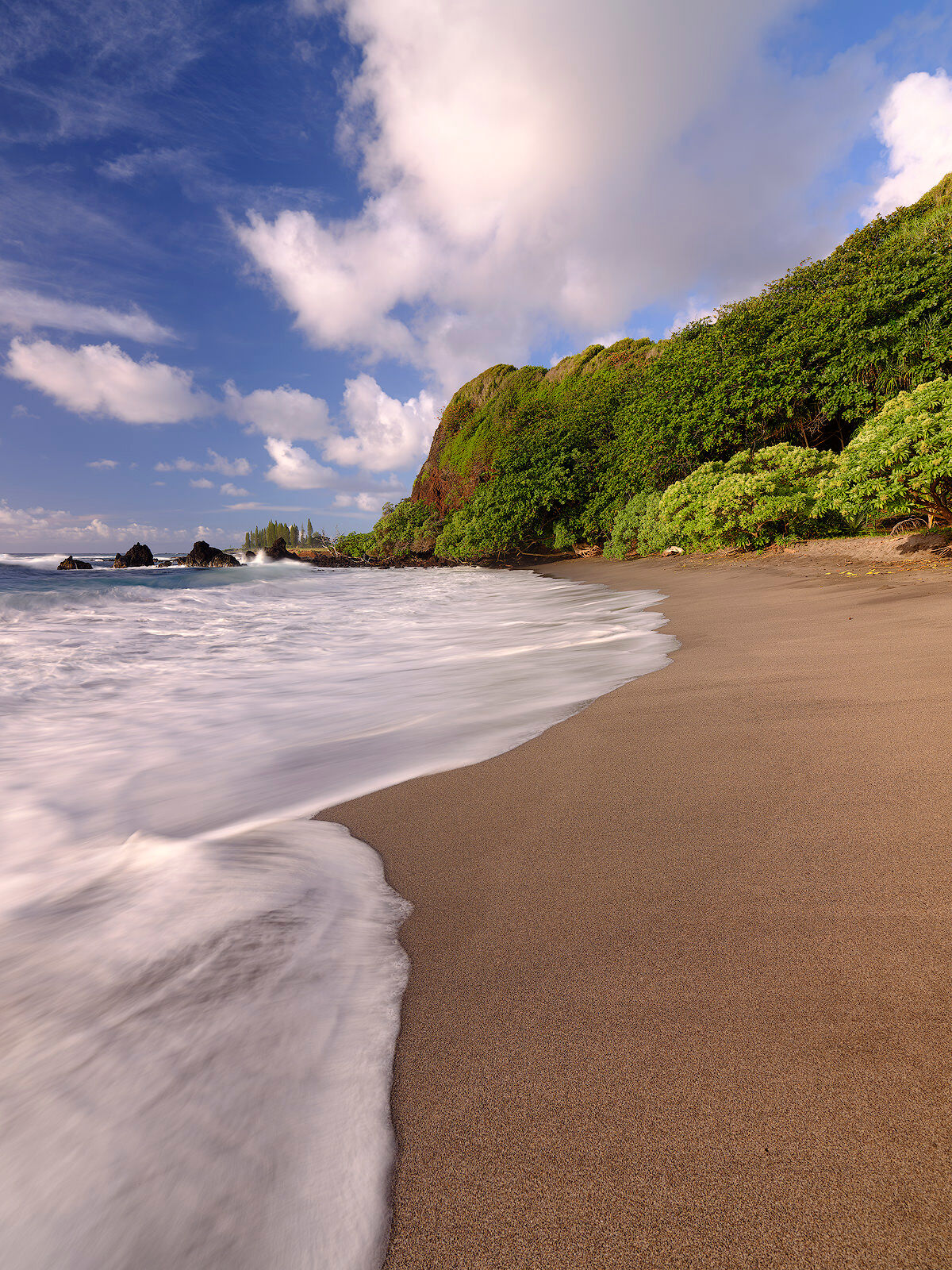 portrait orientation of Hamoa Beach on the island of Maui with a blue and a wave across the sand in the foreground