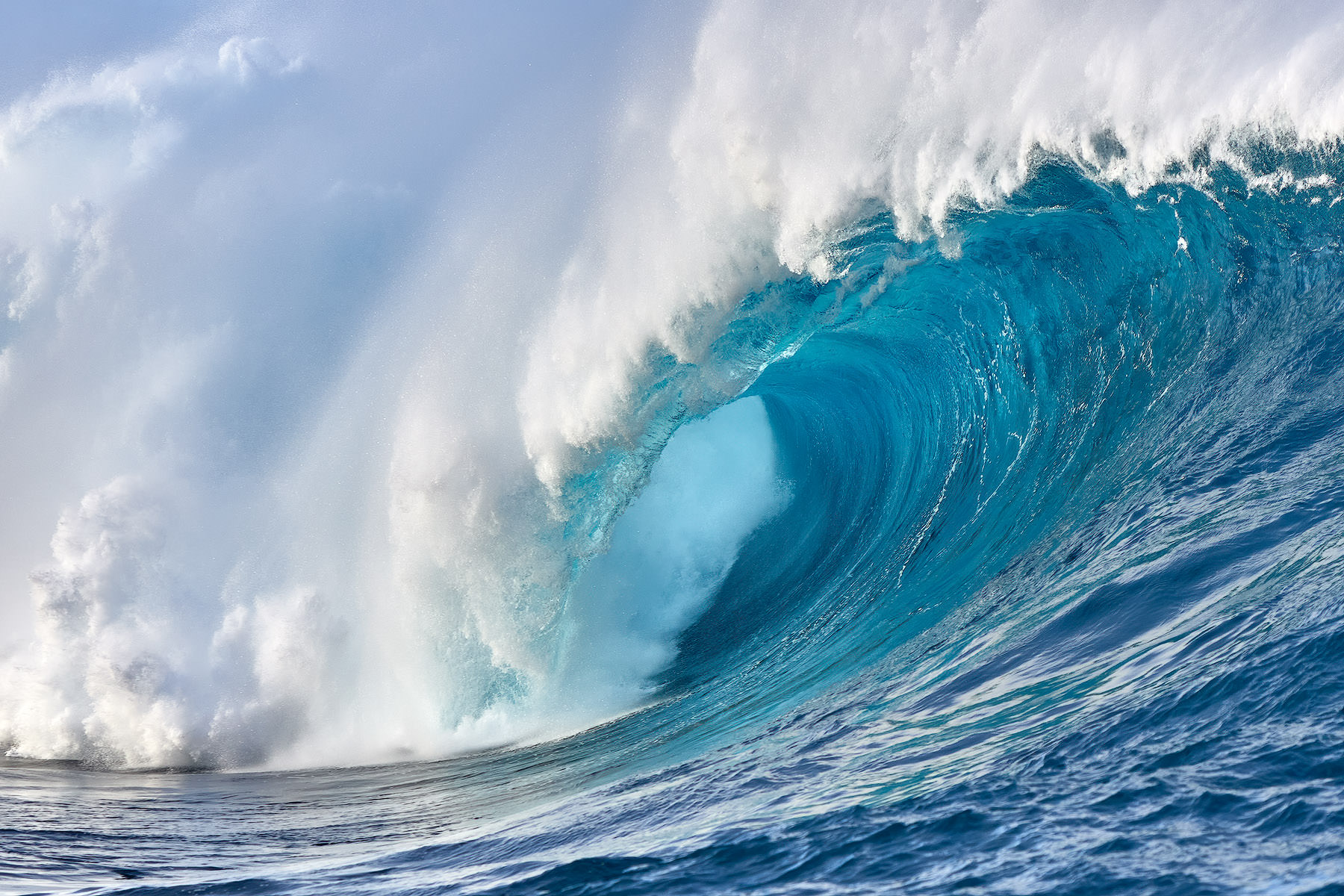 Blue Mirror a stunning photograph of the biggest wave in Hawaii called Jaws (Peahi) from the water by Hawaii Wave Photographer Andrew Shoemaker. Fine art nature photograph