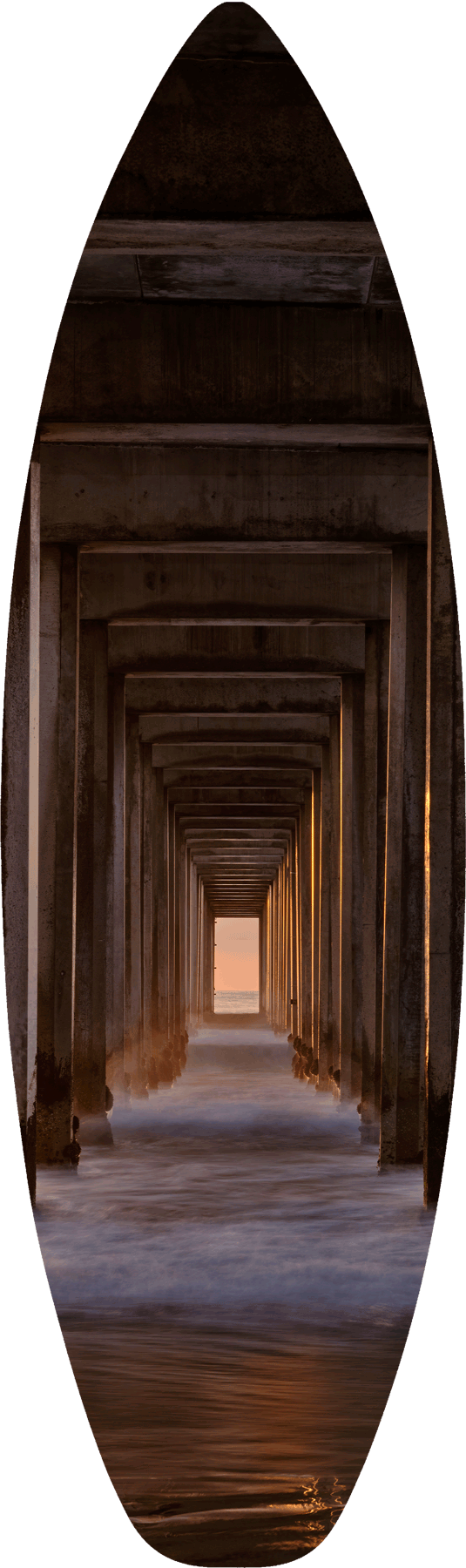 an abstract portal view printed on a surfboard down the iconic Scripps Pier in La Jolla, California taken by fine art landscape photographer Andrew Shoemaker
