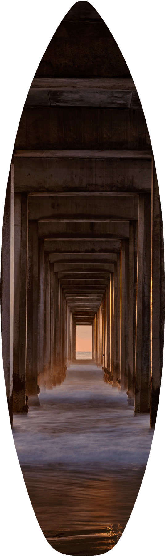 Sea Portal Surfboard an abstract portal view printed on a surfboard down the iconic Scripps Pier in La Jolla, California taken by fine art landscape photographer Andrew Shoemaker