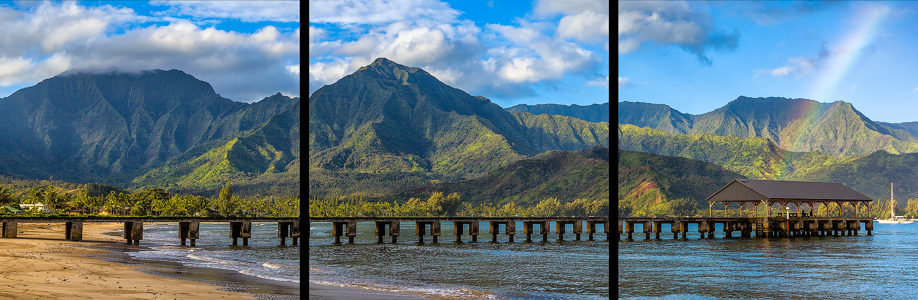 Aloha Hanalei Triptych 3 panel wall cluster photograph of a rainbow over the Hanalei Bay pier on the island of Kauai. Kauai fine art landscape photography by Andrew Shoemaker