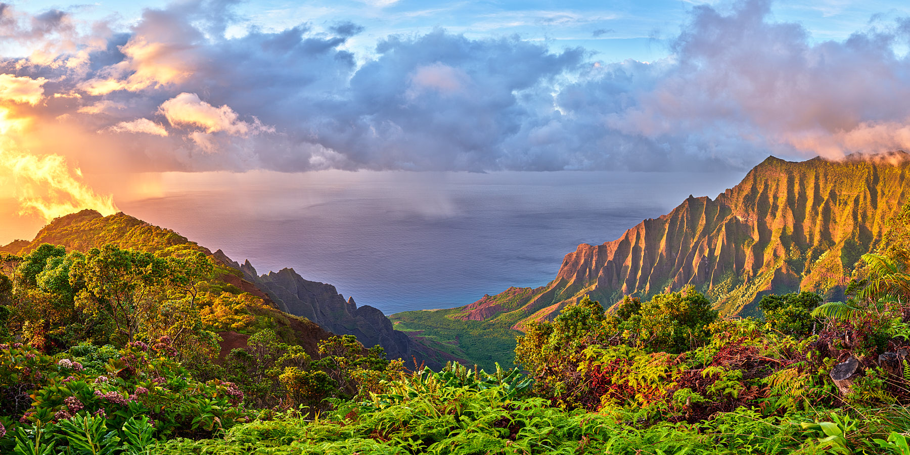 Aloha Ke Akua panoramic sunset captured at the beautiful Kalalau Valley along the Na Pali Coastline of the Hawaiian island of Hawaii