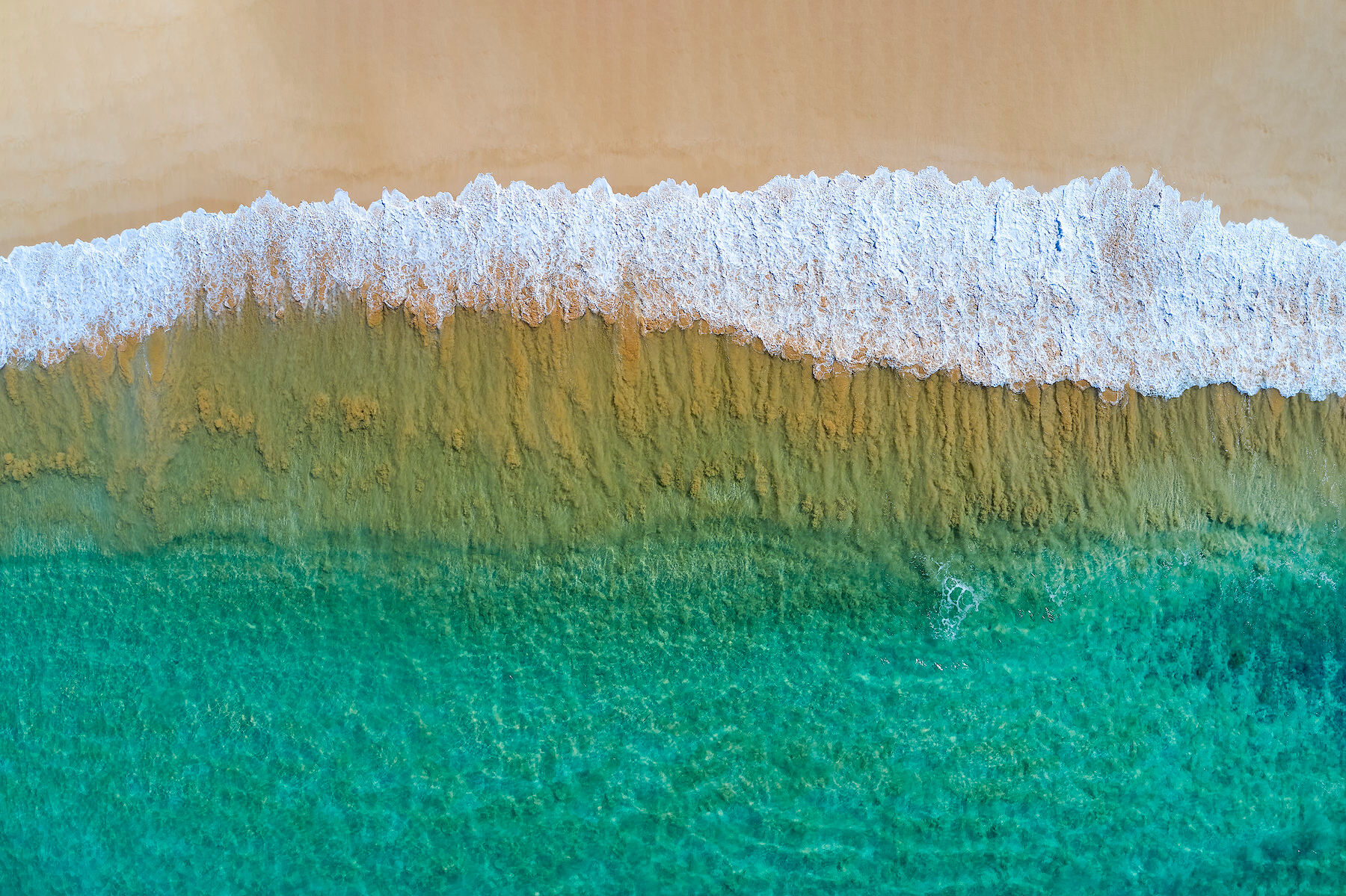 Big beach shorebreak aerial view with golden sand and beautiful Maui water.  Photographed by Andrew Shoemaker