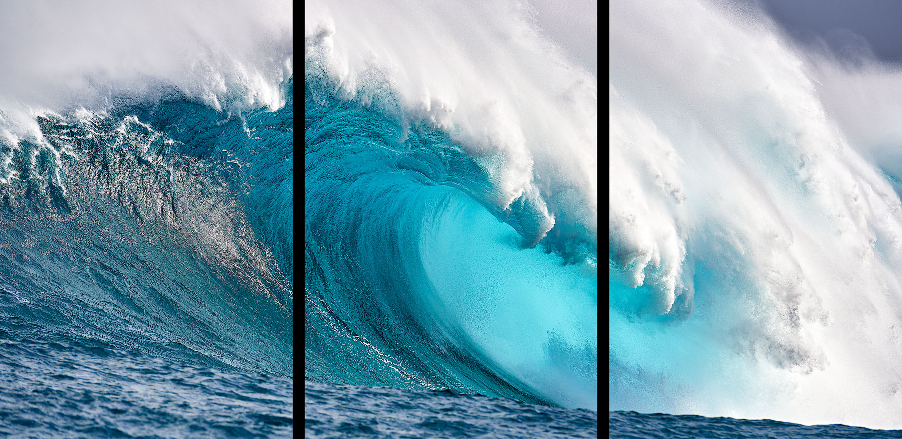 Blue Crush Triptych panoramic image of the biggest wave in Hawaii, Jaws located on the island of Maui reaches heights up to seventy feet. Hawaii Wave Photography