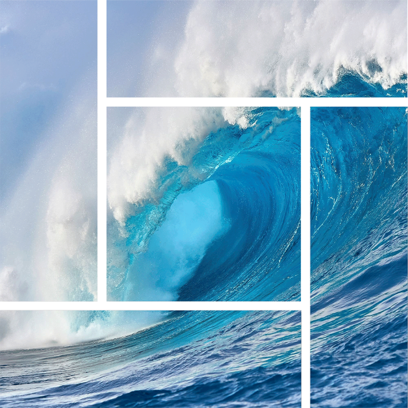 multiple panel wave parquet swirl photograph of the Hawaiian wave known Jaws or Peahi by nature photographer Andrew Shoemaker
