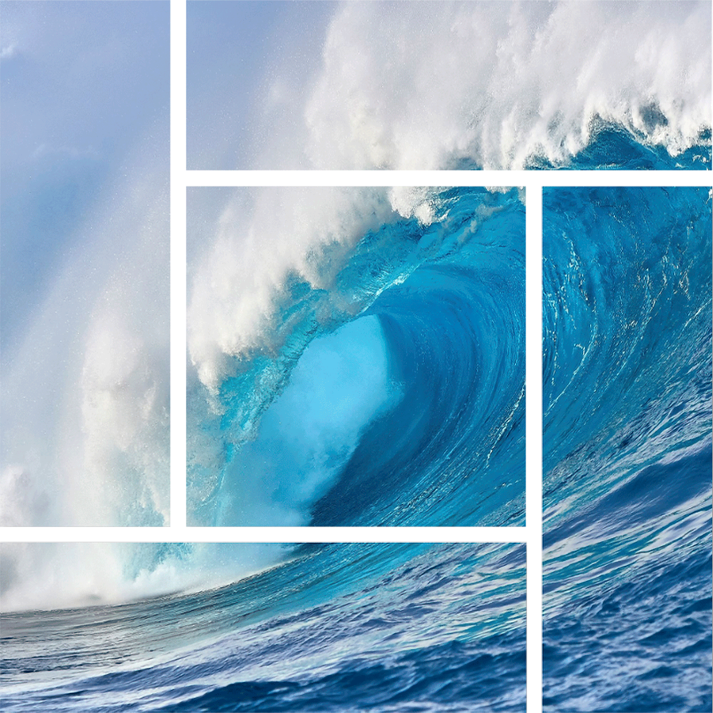 Blue Mirror Swirl multiple panel wave parquet swirl photograph of the Hawaiian wave known Jaws or Peahi by nature photographer Andrew Shoemaker