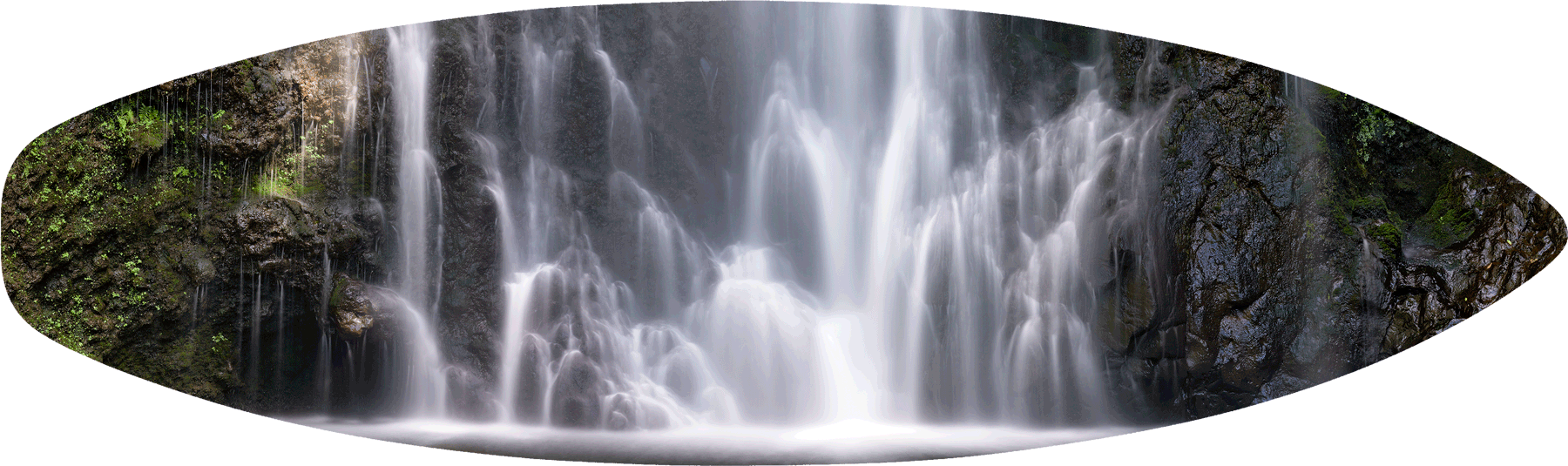Cascade Surfboard a fine art panoramic photograph of Wailua Falls near Hana on the island of Maui printed on a surfboard. Fine art surfboards by Hawaii artist Andrew Shoemaker