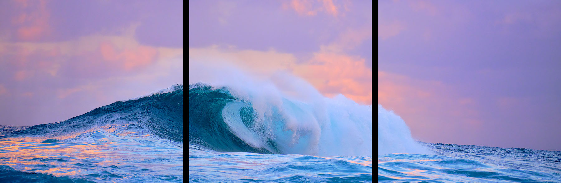 Crushed Velvet Triptych panorama sunset at Jaws (Peahi) on Maui with nice pastel tones as the biggest wave in Hawaii crashes. Hawaii wave photography from Andrew Shoemaker