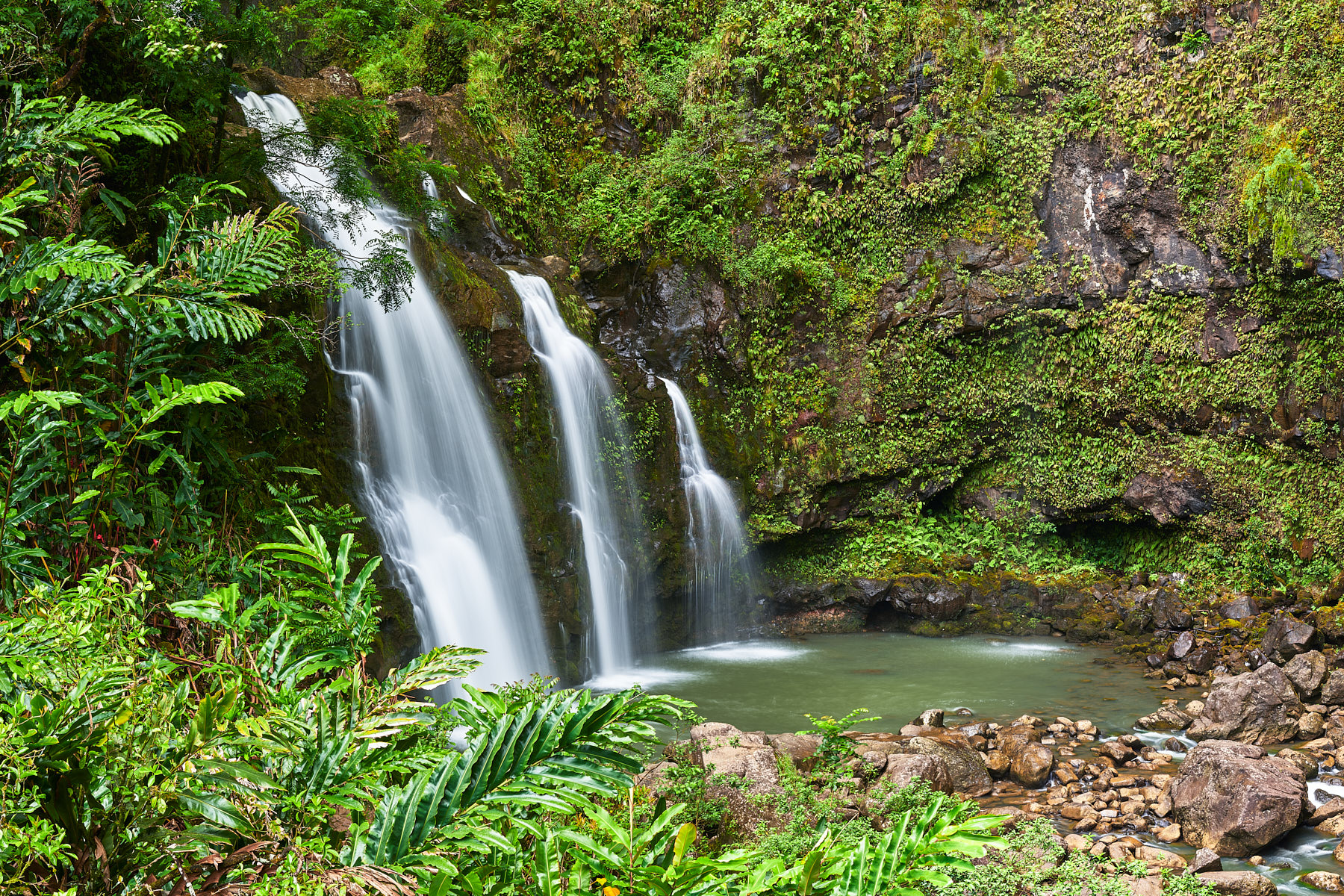 Ekolu upper Waikani Falls or Three Bears flows into the lush canyon on the road to Hana on the island of Maui