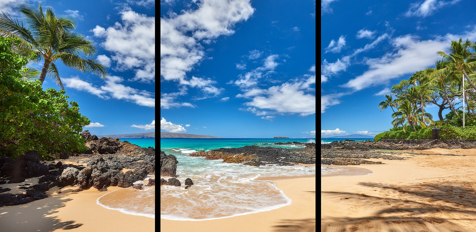 Enter Paradise Triptych panorama of a perfect morning at Secret Beach (also known as Makena Cove) on the island of Maui, Hawaii. Blue sky, turquoise water and palm trees