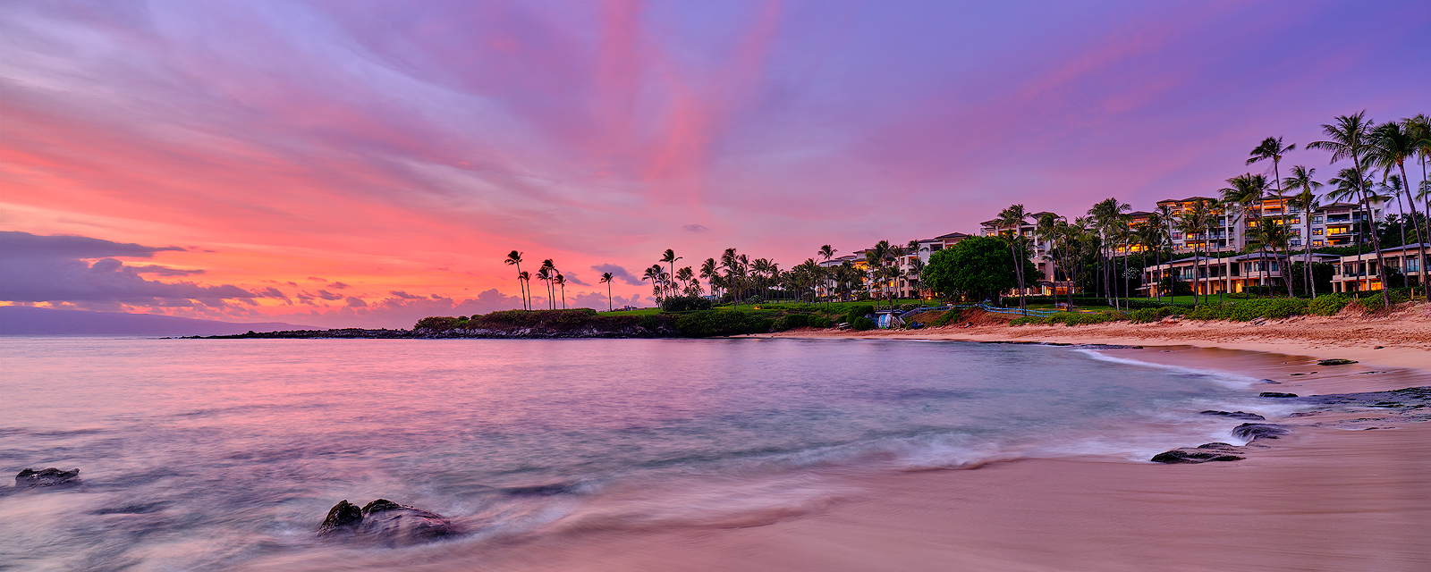 a beautiful sunset panorama at Kapalua Bay Beach on the island of Maui, Hawaii.  Fine art Hawaii photography prints by artist Andrew Shoemaker