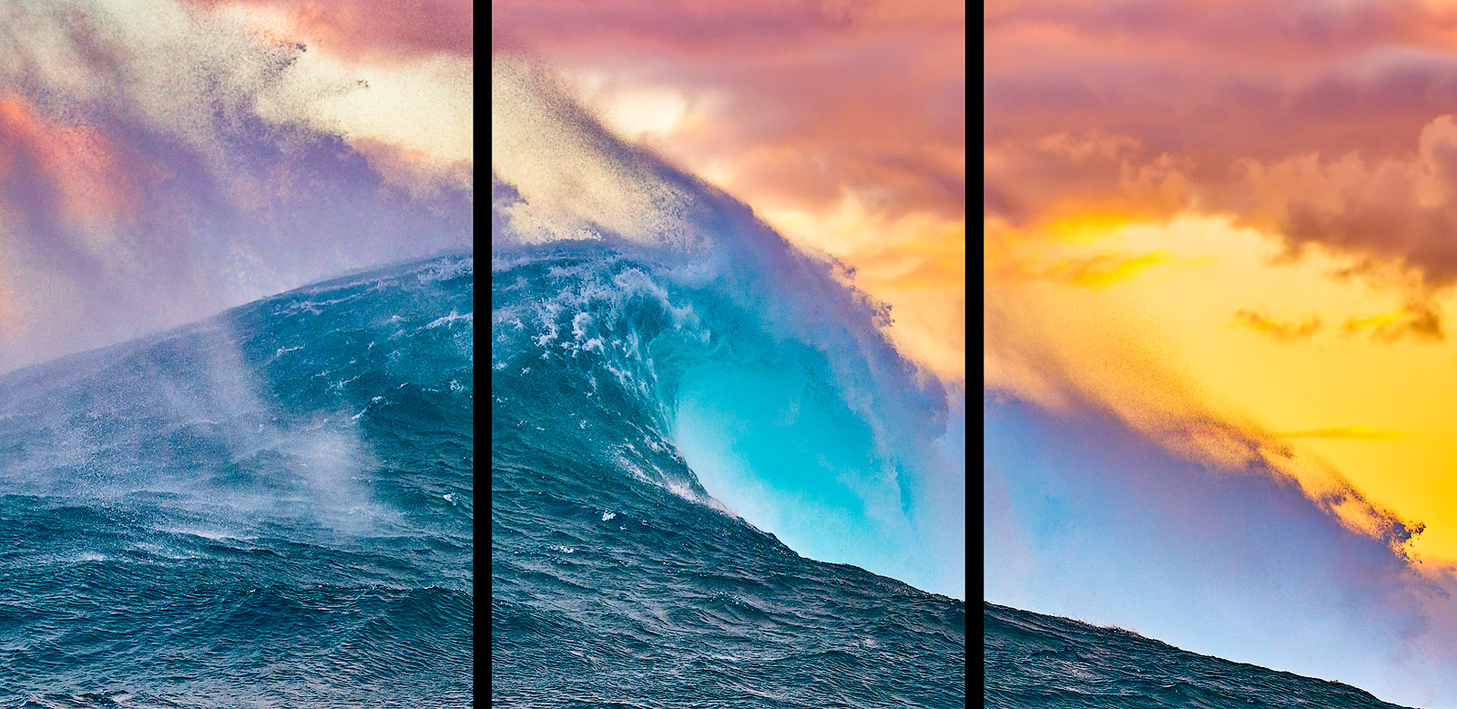 panoramic photograph of the biggest wave in Hawaii Jaws at sunrise with very vibrant and dramatic colors.  Photographed on the North Shore of Maui 