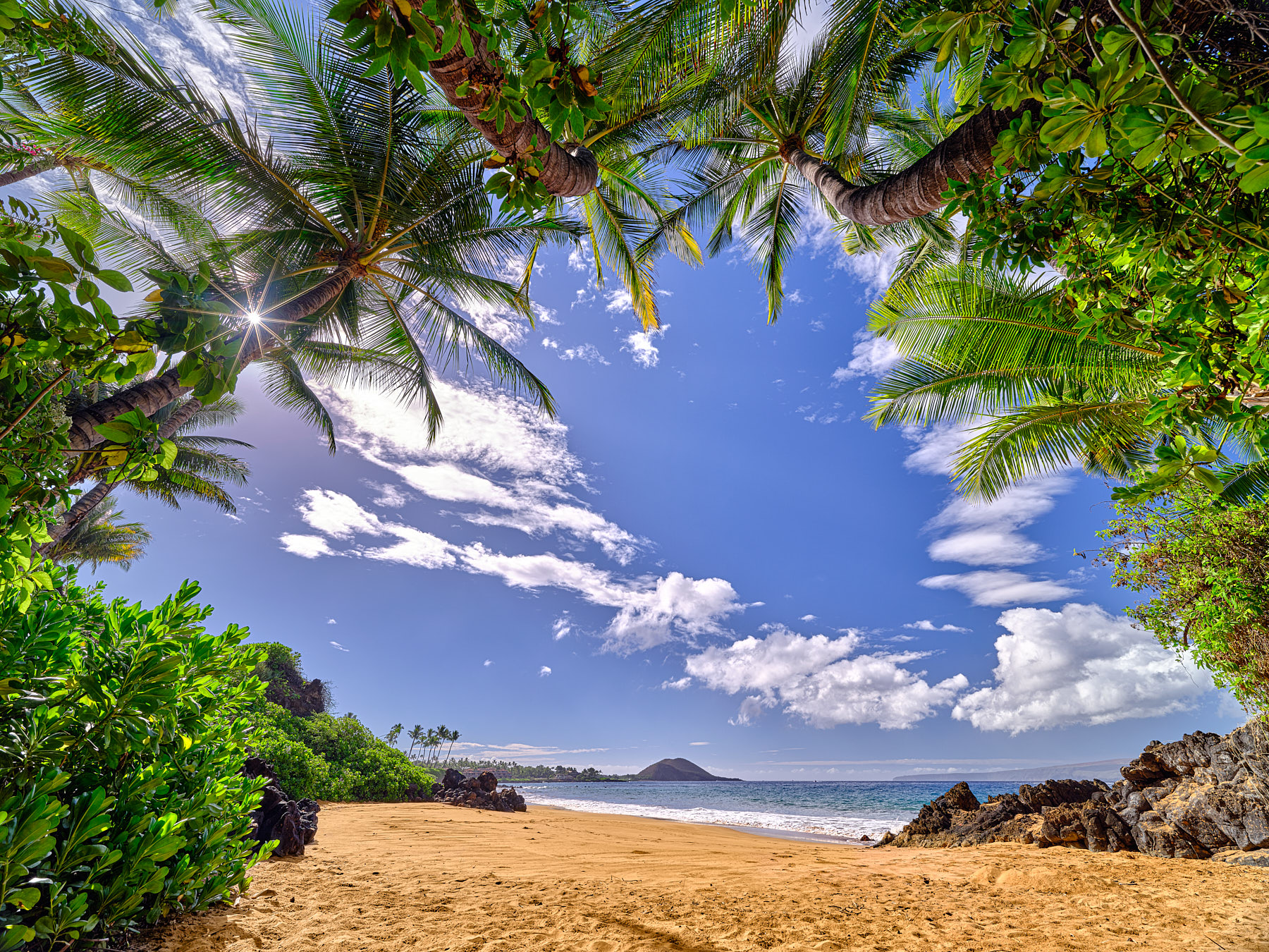 A palm tree cove frames a classic Maui beach scene looking south towards Makena and a sun star popping through the palms 