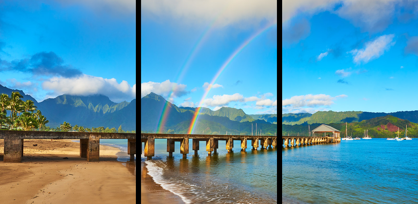 the beautiful Hanalei Bay Pier in the morning with a double rainbow over the pier and the lush towering mountains of Hanalei Kauai in the background