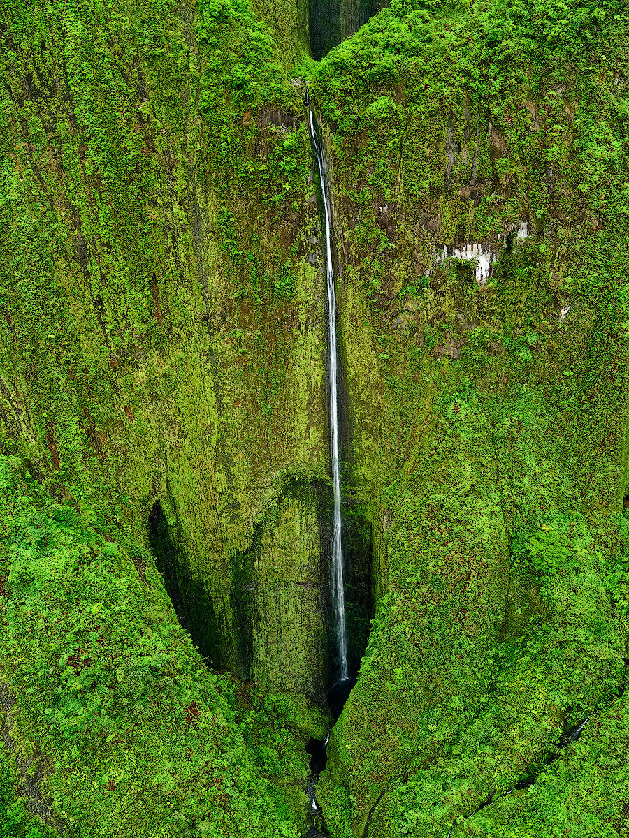 aerial photograph of the tallest waterfall on the island of Maui, Honokohau Falls.  It's lower tier forms a heart shape in the lush green valley.  Hawaii Photos