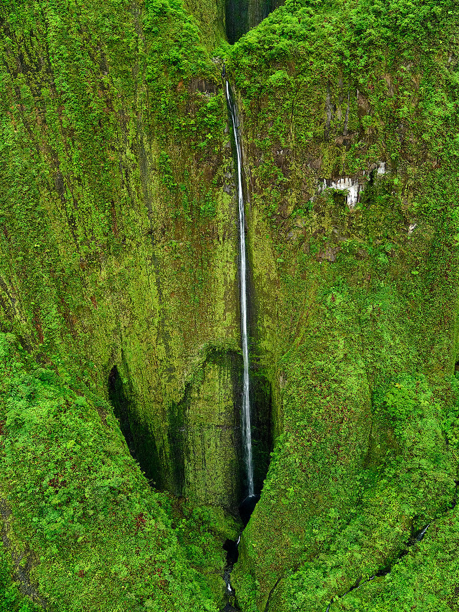 Heart of Maui aerial photograph of the tallest waterfall on the island of Maui, Honokohau Falls. It's lower tier forms a heart shape in the lush green valley. Hawaii Photos