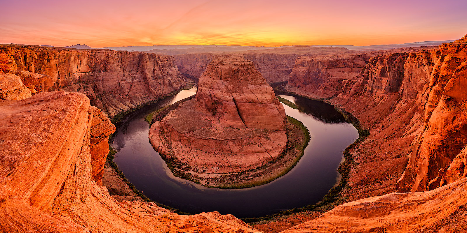 Horseshoe Panorama a panorama print of the horseshoe bend of the colorado river located near Page, Arizona at sunset. Fine art panoramic photography by Andrew Shoemaker