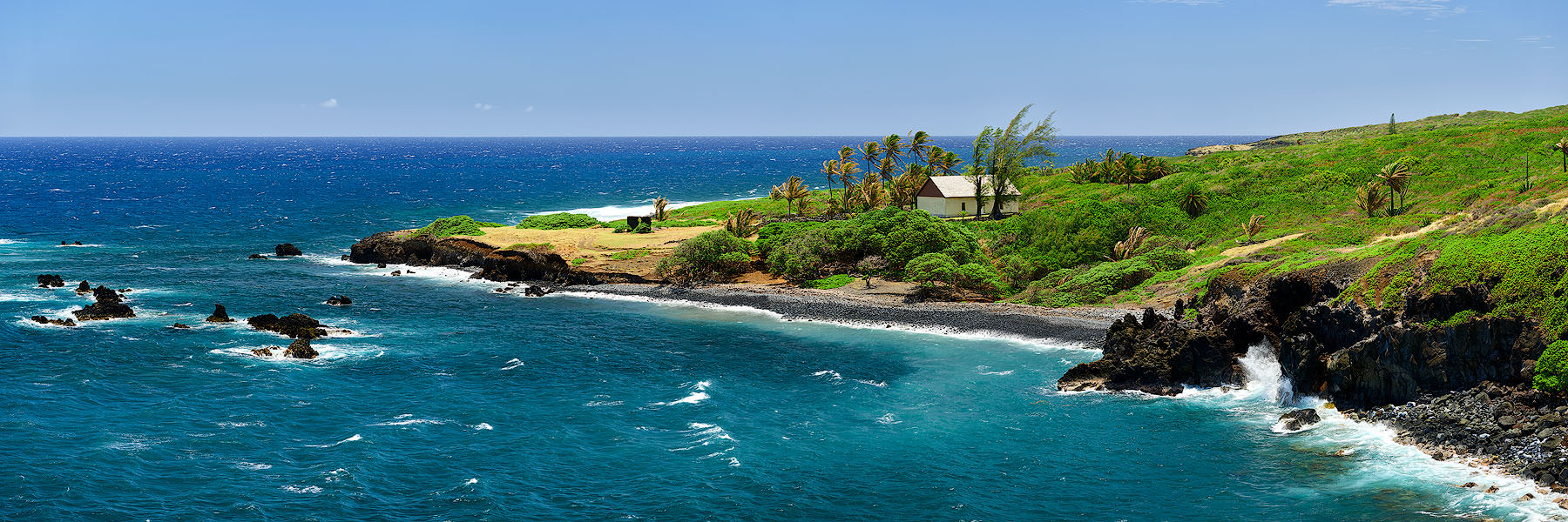 the Huialoha church on the island of Maui during a perfect clear day along the road to Hana.  Panorama photography by photographer Andrew Shoemaker