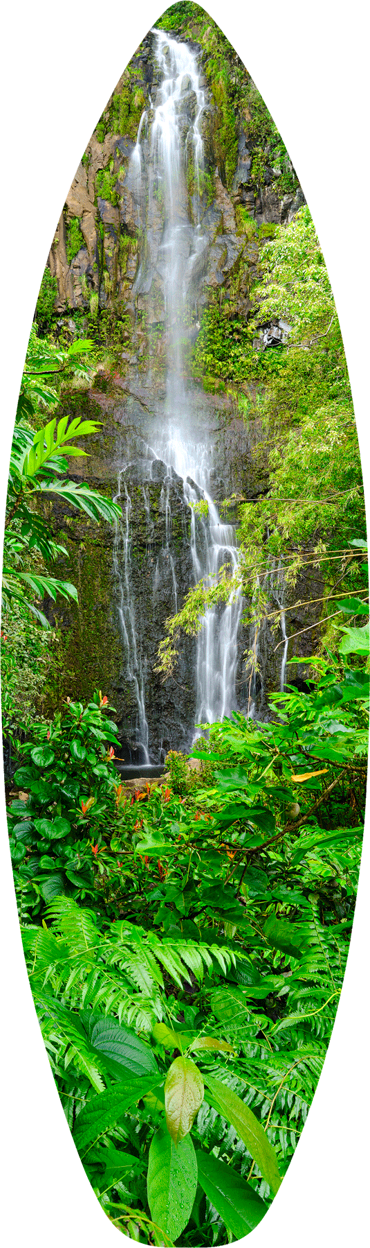 a beautiful surfboard print of the lush and green Wailua Falls on the Hawaiian island of Maui.  Fine art Hawaii photography by Andrew Shoemaker