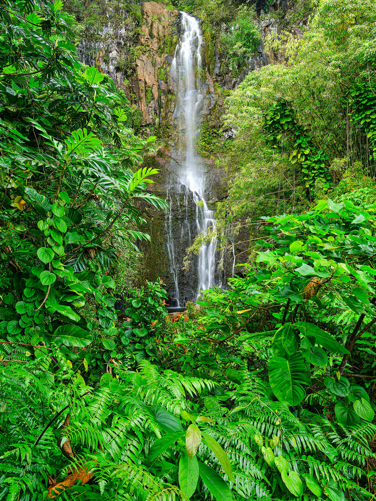 Inner Retreat vertical image of Wailua Falls surrounded by lush green foliage near Hana on the island of Maui Hawaii