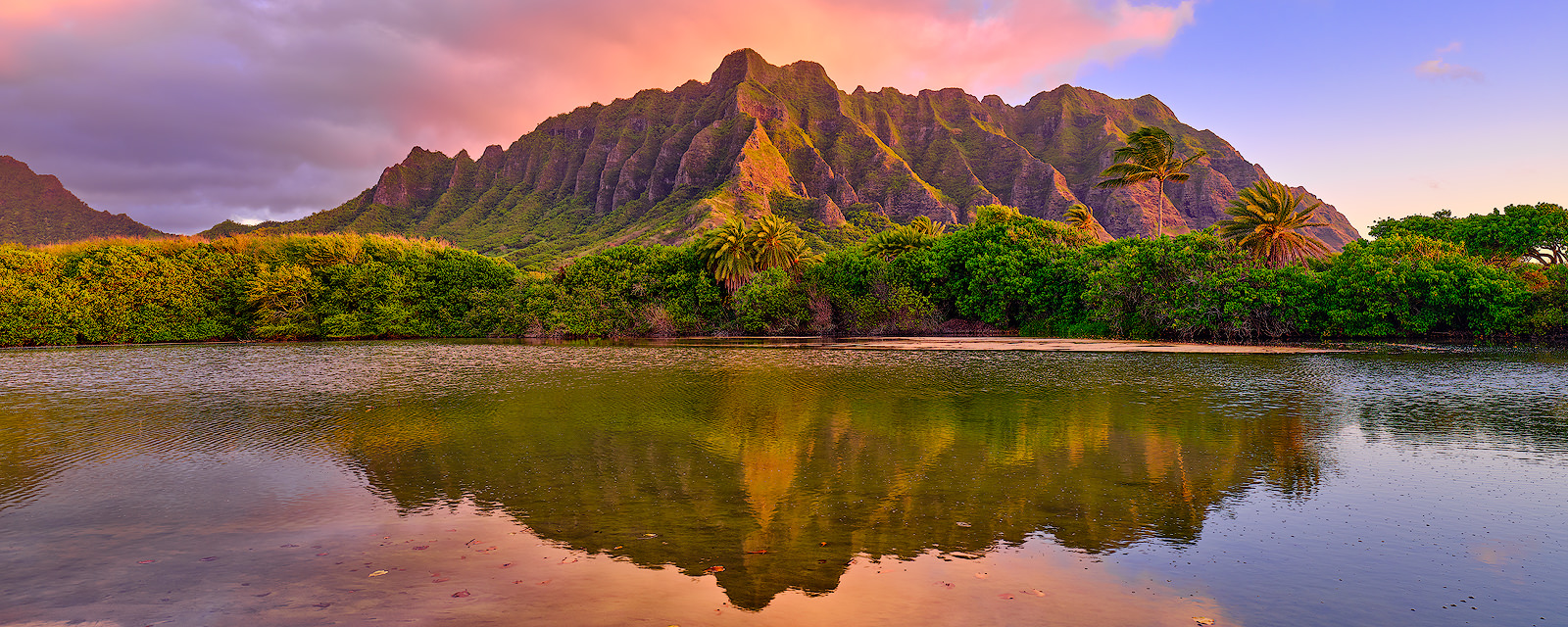 sunrise panorama photograph of kualoa mountains on the hawaiian island of Oahu.  Fine art panoramic photography by Hawaii artist Andrew Shoemaker