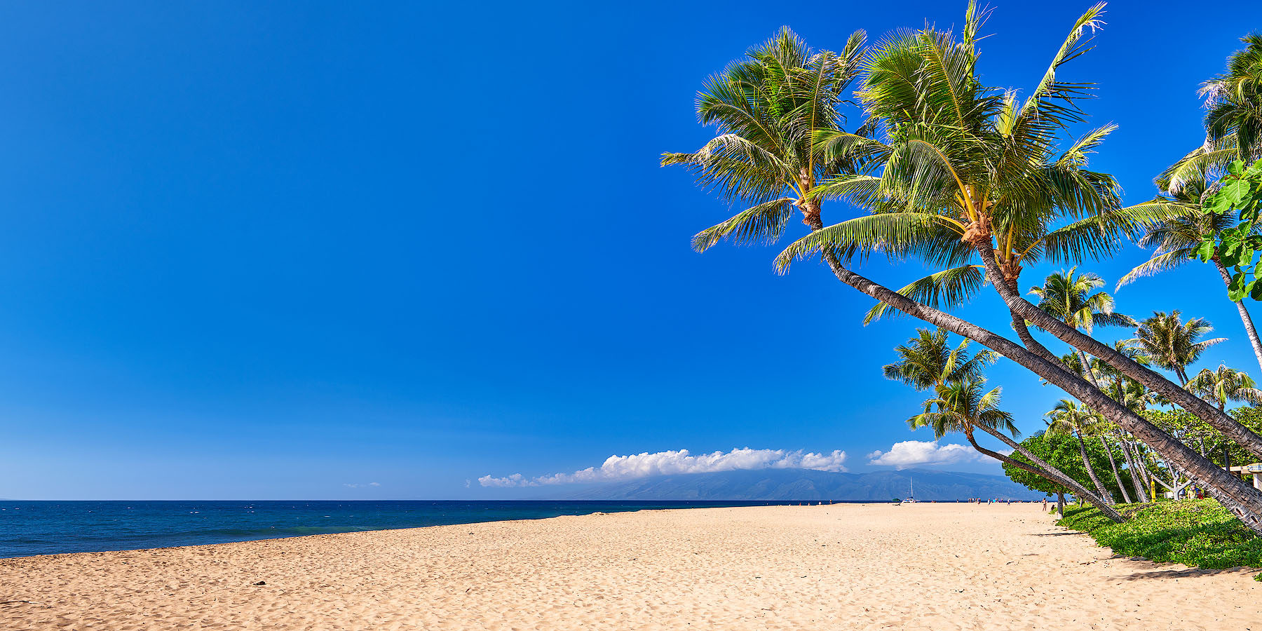 a daytime photograph of the beautiful ka'anapali beach in Lahaina on the Hawaiian island of Maui.  Panoramic photograph by Hawaii artist Andrew Shoemaker