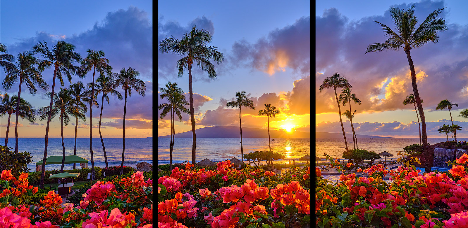 Kaanapali Nights Triptych A very beautiful sunset at ka'anapali beach with coconut palms and bright red flowers in the flowers in the foregound with the island of Lanai in the background