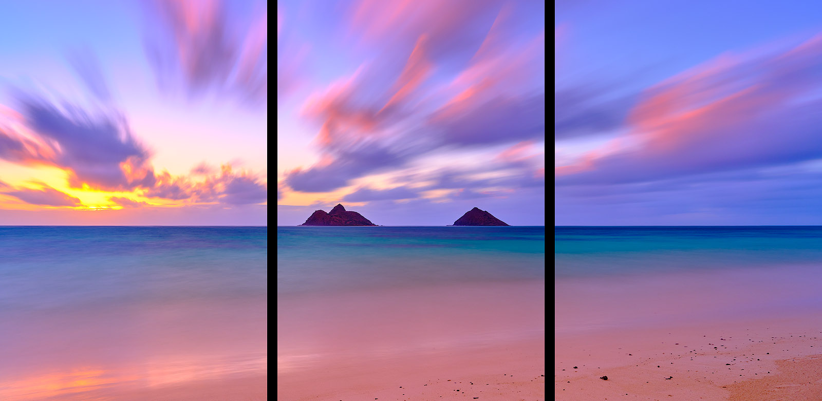 Lanikai Serenade Triptych a long exposure artistic photograph of the beautiful Lanikai Beach near Kailua on the island of Oahu, Hawaii. Fine art Hawaii Photography by Andrew Shoemaker